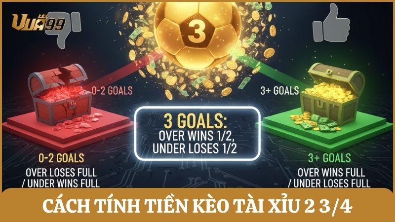 Cách tính tiền kèo tài xỉu 2 3/4 minh họa dễ hiểu