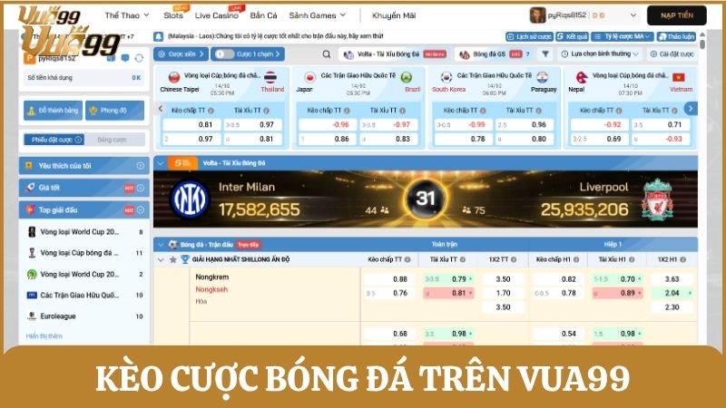 Hệ thống kèo cược bóng đá đa dạng, tỷ lệ cạnh tranh tại Vua99