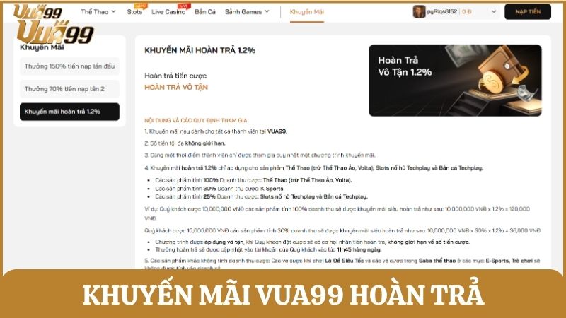 Khuyến mãi hoàn trả tại Vua99 giúp thành viên giảm thiểu tối đa rủi ro và gia tăng lợi nhuận